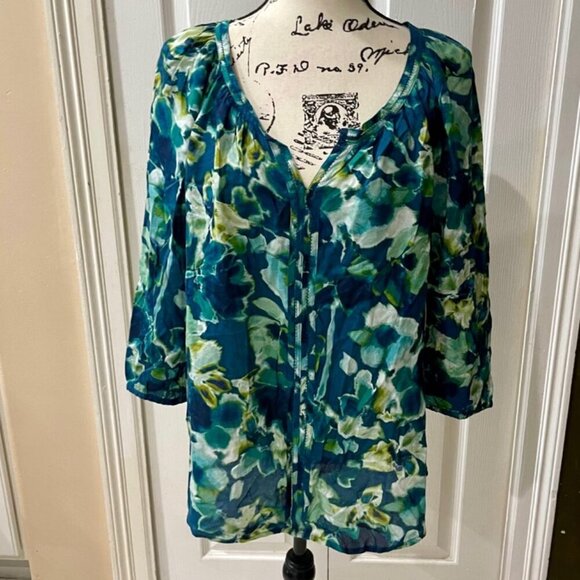 New water floral boho puff sleeves aqua Rayon blouse St. John’s Bay - Picture 7 of 14